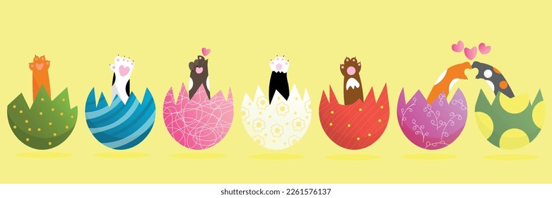 Set of cute cats in Easter eggs on yellow background