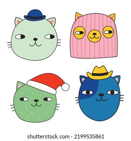 A set of cute cats' faces in different hats. Doodle style. Vector illustration