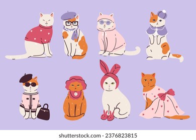 Set of cute cats in fashionable outfits. Vector graphics.