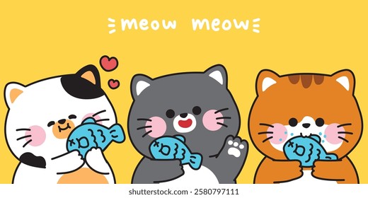 Set of cute cats with fish in various poses.Meow.Kitten.Pet animal character cartoon.Image for card,sticker,baby clothing,print screen.Kawaii.Vector.Illustration.