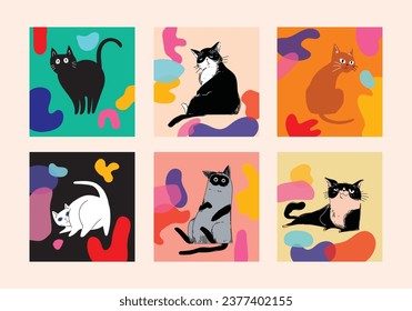Set of cute cats flat cartoon pet animal icon character vector illustration.
