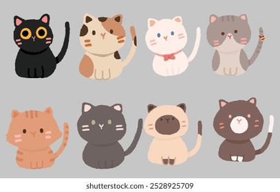 Set of cute cats flat cartoon pet animal icon character vector illustration