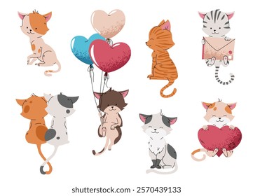 Set of cute cats in flat cartoon style on white background. Pets for stickers, cards, children's illustrations for Valentine's Day.