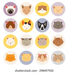 Set of cute cats flat icons, vector flat illustrations. Cat breeds, pattern, card, game graphics, web userpic
