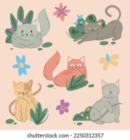 set of cute cats and flowers