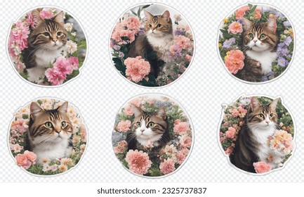 A set of cute cats, flowers background. Can be used to assemble a scene, assemble a card or make a sticker