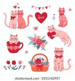 Set of cute cats and flowers for Valentine's Day. Vector graphics.