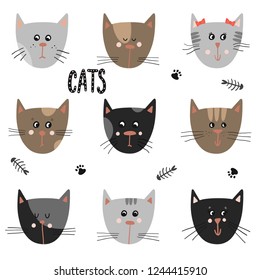 Set of cute cats. Funny cartoon animals.