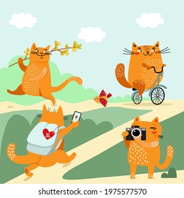 Set of cute cats. Funny cartoon cats are walking, travelling, hiking, riding a bike, taking photo. Concept of summer holiday, activity lifestyle, vacation. Hand drawn flat vector illustration for kids