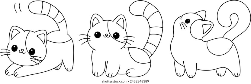 Set of cute cats. Funny kawaii smiling doodle animal. Face line contour silhouette icon. Cute cartoon baby pet character. Flat design.