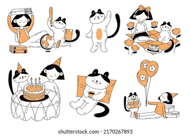 Set of cute cats and girl cartoon character. Vector hand drawn outline flat cartoon style illustration for International Cat day.