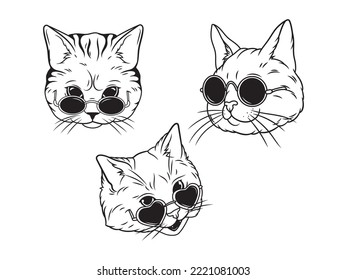 Set of cute cats with glasses. Collection of kitten in round sunglasses. Stylish pets. Vector illustration for the store. Drawing with children.