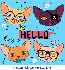 Set of cute cats with glasses, eye patch and fish. Lettering hello, small elements of a stars, hearts and skulls on a blue background. Vector illustration.