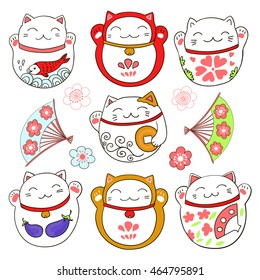 Set with cute cats, good luck charms - maneki neko. Vector illustration.