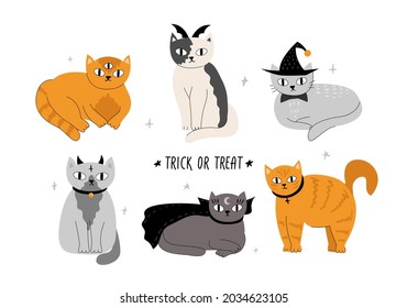 Set of cute cats in halloween costumes. Vector hand drawn isolated illustration