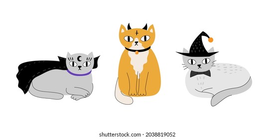 Set of cute cats in halloween costumes. Hand drawn vector illustration