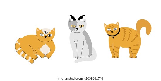 Set of cute cats in halloween costumes. Hand drawn vector illustration