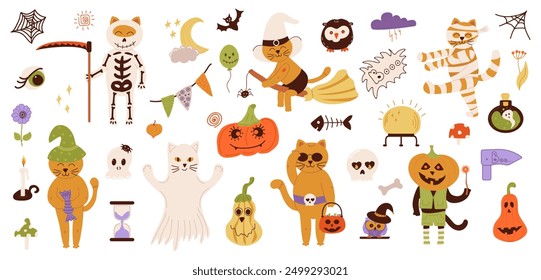 Set of cute cats for Halloween. Cute cats with pumpkins, in costumes and with potions, characters and magic items for a Halloween party. Perfect for scrapbooking, greeting cards, party invitations