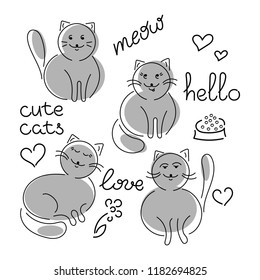 Set  cute cats hand drawn. Cartoon characters,T- shirt print.  Vector illustration. Inscriptions.
