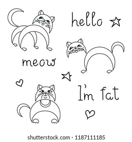 Set  cute cats hand drawn. Cartoon characters,T- shirt print.  Vector illustration. Inscriptions.
