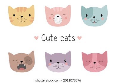 A set of cute cats. Hand drawn cat heads. Vector illustration