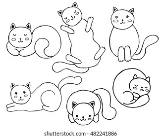 Set of cute cats. Hand drawn cartoon vector illustration. Sketch for decoration, coloring page, t-shirt, print