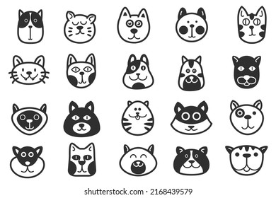 Set of cute cats head in funny doodle style isolated on white background. Collection hand drawn character animal. Cartoon vector illustration.