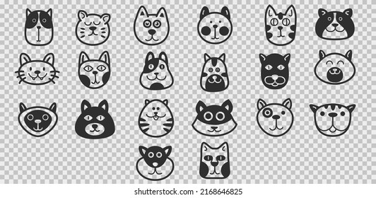 Set of cute cats head in funny doodle style isolated on transparent background. Collection hand drawn character animal. Cartoon vector illustration.