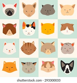 Set of cute cats icons, vector flat illustrations. Cat breeds, pattern, card, game graphics.