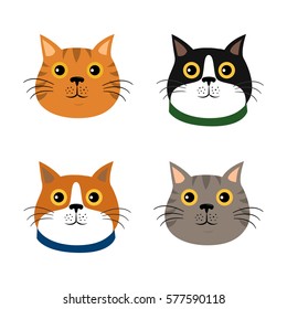 Set of cute cats icons, vector flat illustrations. Animals  breeds, pattern, card, game graphics