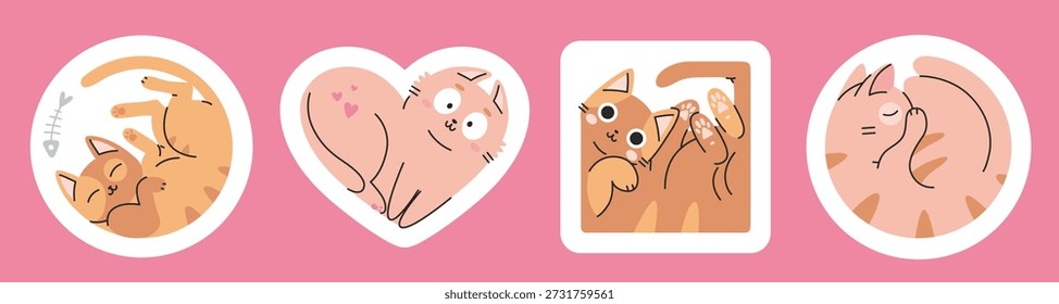 Set von niedlichen Katzen in dekorativen Rahmen einschließlich Kreis-, Herz-und quadratische Formen. Trendige moderne Vektorgrafik einzeln auf weißem Hintergrund, handgezeichnet, flaches Design