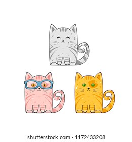 Set of cute cats isolated on white background. Pink, red and gray kitten with glasses, illustration.