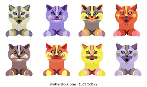 Set with cute cats isolated on a white background. Icons of animals, faces with different emotions. Stylized design, flat vector illustration.