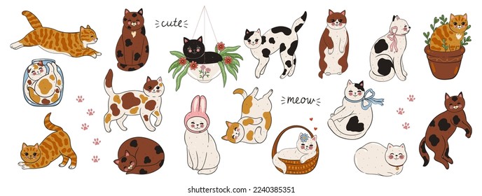 Set of cute cats isolated on white background. Vector graphics.