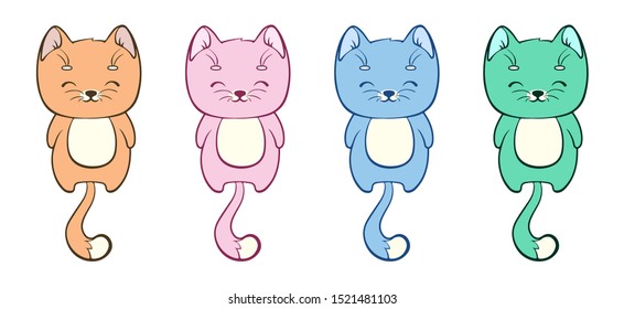 Set of cute cats in kawaii style. Cartoon animals vector illustration.