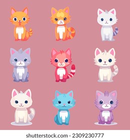 Set of cute cats, kawaii style. Collect cute little cats in different ways. Can be used to assemble a scene, assemble a card or make a sticker
