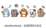 Set of cute cats kitten in bakery concept.Animals pet character cartoon design.Strawberry,donut,croissants,roll out,milk.Kawaii.Vector.Illustration.
