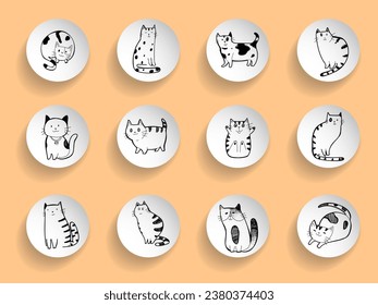 Set of cute cats, kitten hand drawing icon character vector illustration. Pet animal collection isolated