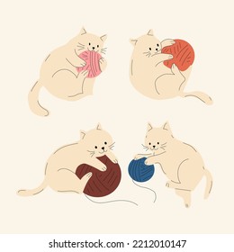 Set of cute cats with Knitting and balls of yarn. Vector