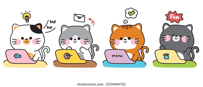 Set von niedlichen Katzen mit Laptops in verschiedenen Posen.Meow.Kitten.Work, Spiel, Mail senden.Haustiere Charakter Cartoon Design.Kawaii.Vector.Illustration.