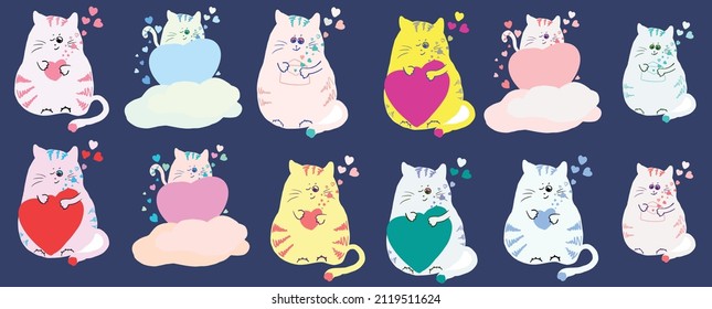 set with cute cats in love with hearts. Valentine's Day, the holiday of love