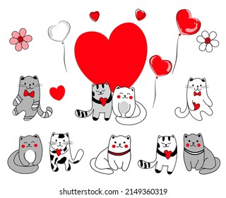 Set of cute cats in love. Vector illustration for creating design for cards, banners, posters, invitations or print. Doodle in cartoon style.