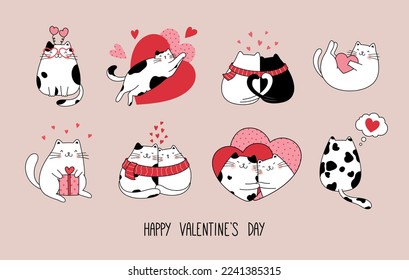 Set of cute cats in love. Vector design concept for Valentine's day. Character illustration cartoon style.