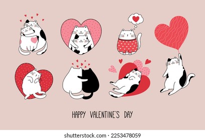 Set of cute cats in love. Vector design concept for Valentine's day. Character illustration doodle cartoon style.