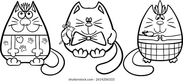 Set of cute cats with mice. Vector illustration of doodle style. Outline isolated on white background