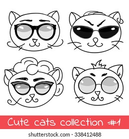 Set of cute cats in modern glasses vector illustration, black and white outline graphic art collection