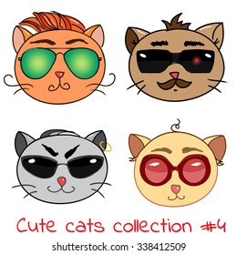 Set of cute cats in modern glasses vector illustration, retro cat faces with different impressions