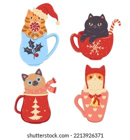 Set of cute cats in mugs isolated on white background. Vector graphics.