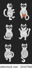 Set of cute cats in mummy costume in different poses. Halloween vector illustration. Trick or treat. Kawaii kitten