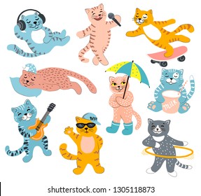 Set of cute cats with musical instruments, with milk, a cat athlete, sleeping cat on a pillow, on a skate board. Kittens in diferent style. Great for fabric, textile Vector Illustration